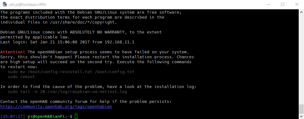 openHABian installation failed warning and instructions