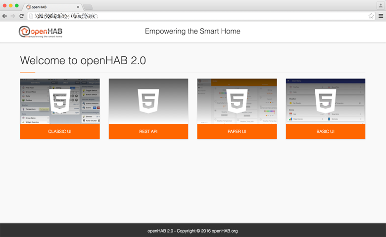 The openHAB 2 portal page