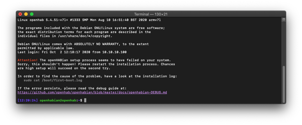 openHABian installation failed warning and instructions